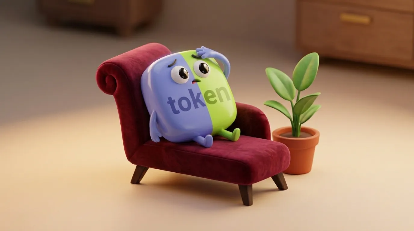 Ein kleines Token-Männchen in Lila und Limettengrün liegt auf einer weinroten Therapie-Couch, daneben eine Topfpflanze